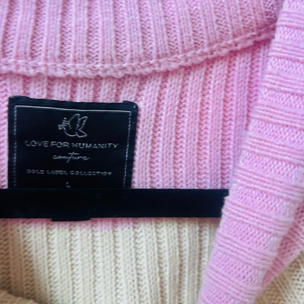 Cozy Pink and Tan Striped Women's Sweater - Picture 3 of 6